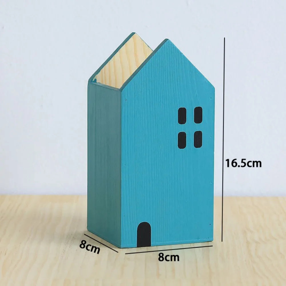 High-Quality Cartoon House Wooden Pen Holder