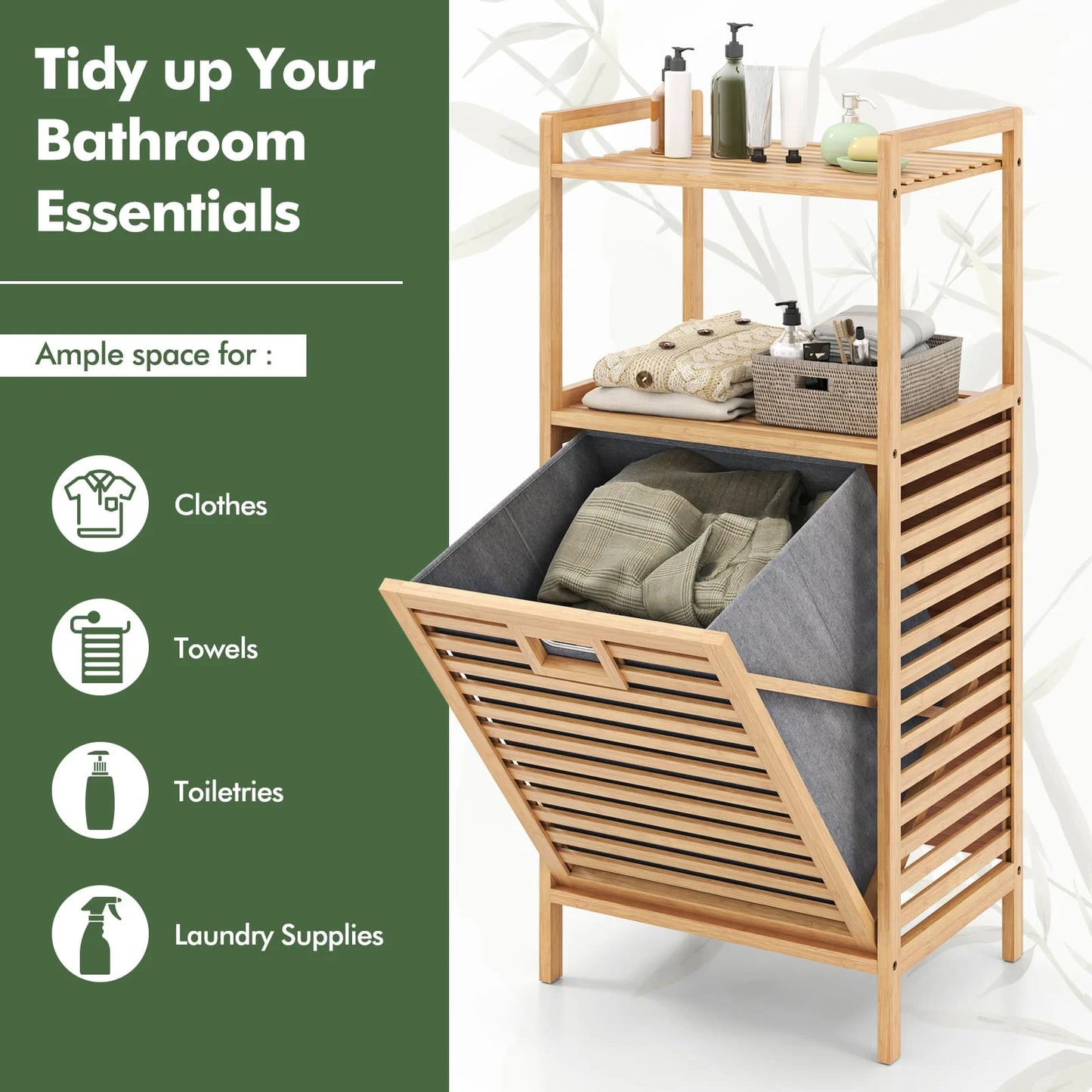 Bamboo Laundry Cabinet w/Storage Shelves-Natural