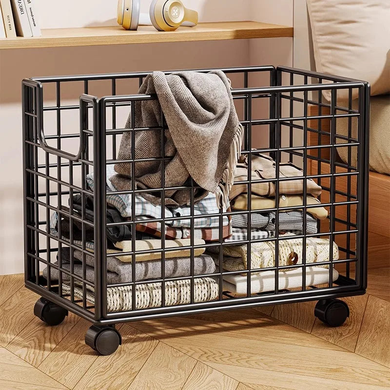 Removable Vegetable Fruit Storage Basket Rack Rolling Laundry Hamper Bathroom Foldable Iron Wire Dirty Clothes Hamper Organizer