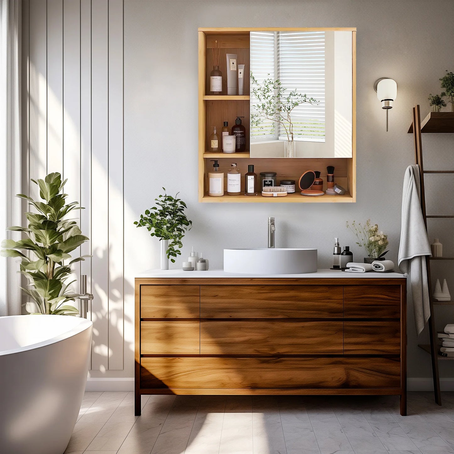 Wall Medicine Cabinet Natural Bamboo Bathroom Storage Cabinet with Mirror