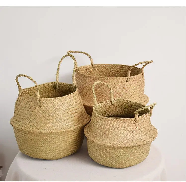 Seagrass Rattan Basket Foldable Wicker Organizer Handmade Plant Pot Laundry Bin Decorative Boho Style for Garden Home Decor