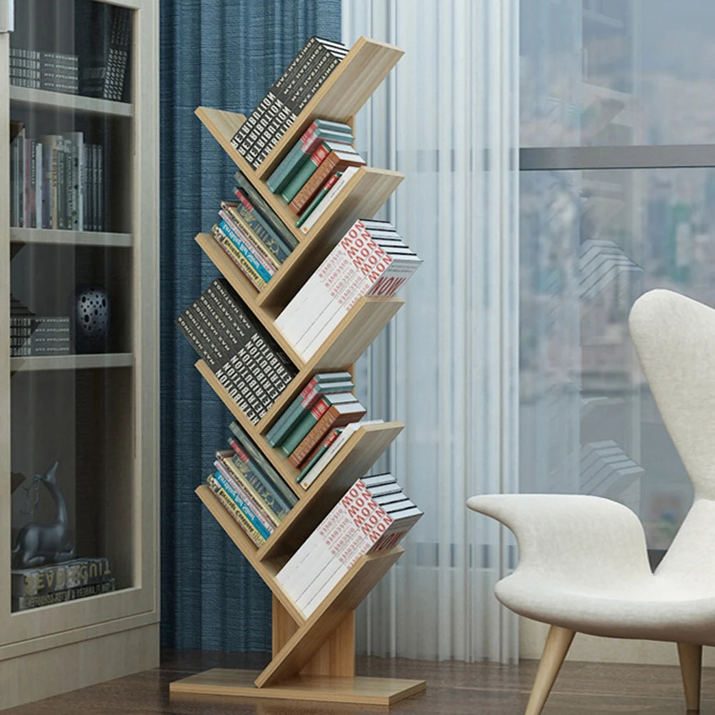 【Breeins】Rustic Standing Tree Bookshelf Wood Display Rack For Home Office Decoration Storage Organizer Shelf Bookcase