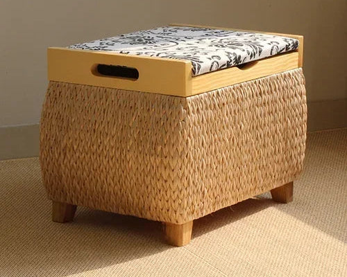 Handwoven Natural Rush Storage Stool