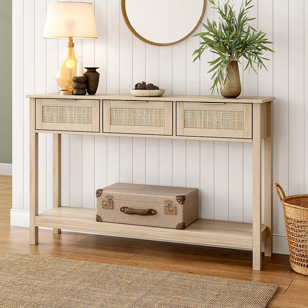 【Lifeideas】Rustic Wood Console Table with 3 Rattan Drawer Livingroom Bedroom Decoration Storage Cabinet