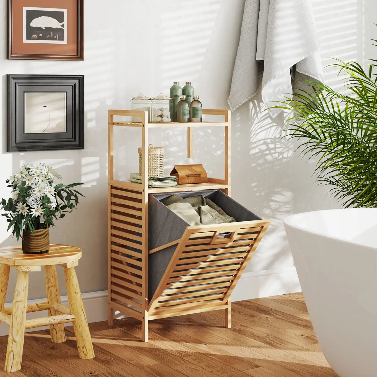 Bamboo Laundry Cabinet w/Storage Shelves-Natural