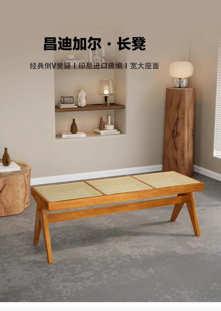 Solid Wood Rattan Bench Living Room Chairs Long Bench Japanese Bed End Bench Retro Chaise Lounge Stool House Furniture Ottoman
