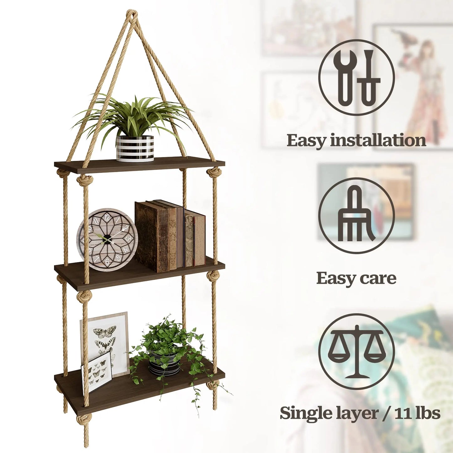 Woven Macrame Hanging Wall Shelf