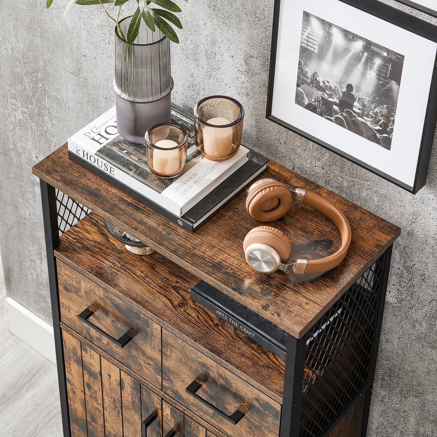 VASAGLE Storage Cabinet, Multipurpose Sideboard with Drawer and Adjustable Shelf, Bathroom Cabinet, Steel Frame