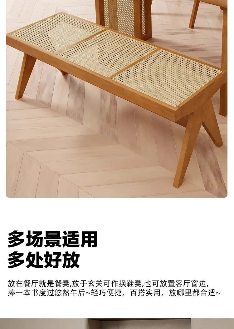 Solid Wood Rattan Bench Living Room Chairs Long Bench Japanese Bed End Bench Retro Chaise Lounge Stool House Furniture Ottoman