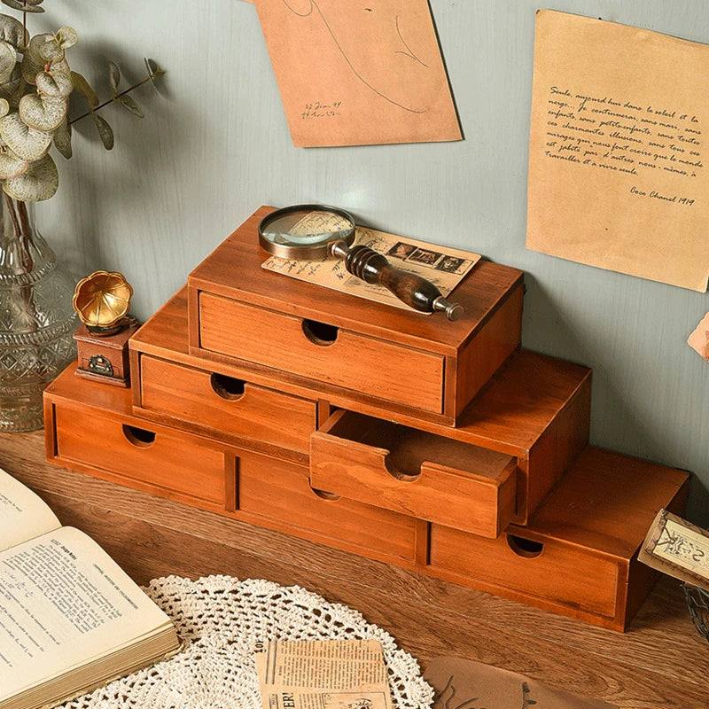 Retro Wooden Drawer Desk Organizer