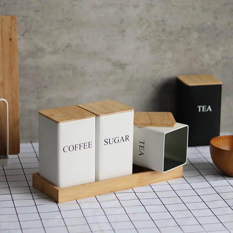 Modern Metal Coffee Bean Storage Jar with Bamboo Lid
