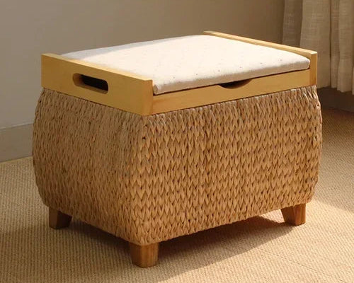 Handwoven Natural Rush Storage Stool