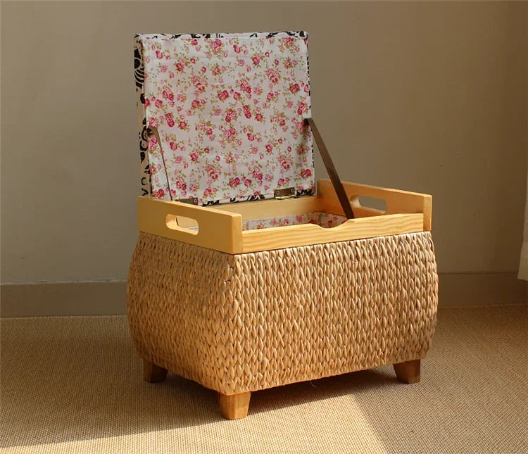 Handwoven Natural Rush Storage Stool