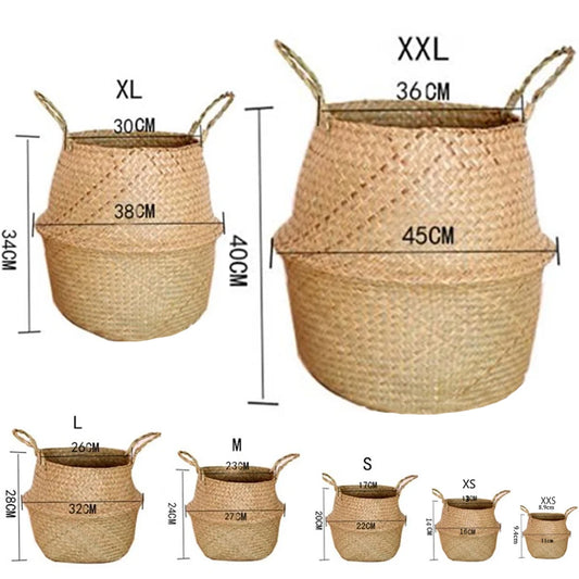 Seagrass Rattan Basket Foldable Wicker Organizer Handmade Plant Pot Laundry Bin Decorative Boho Style for Garden Home Decor