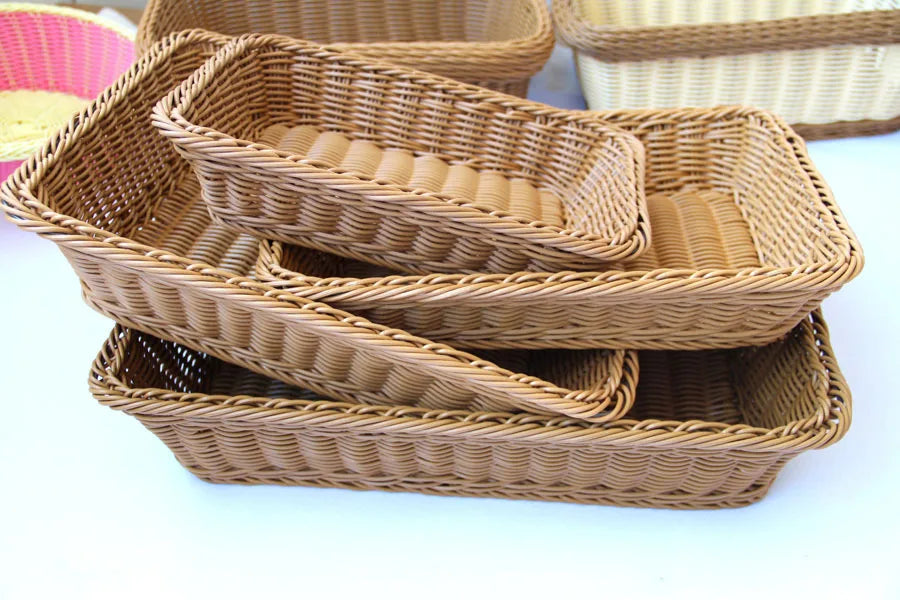 Hand-woven Imitation Rattan Wicker Basket Rectangular Storage Box Fruit Tea Snack Bread Basket Cosmetic House Kitchen Supplies
